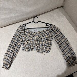 Zara Women Long Sleeve Blouse S Square Print blue/tan/brown/cream Details Front